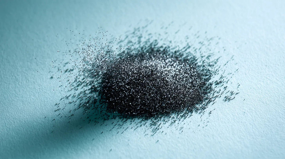 Fine black pigment granules scattered across pale blue paper, dispersing outward from a dense central mass